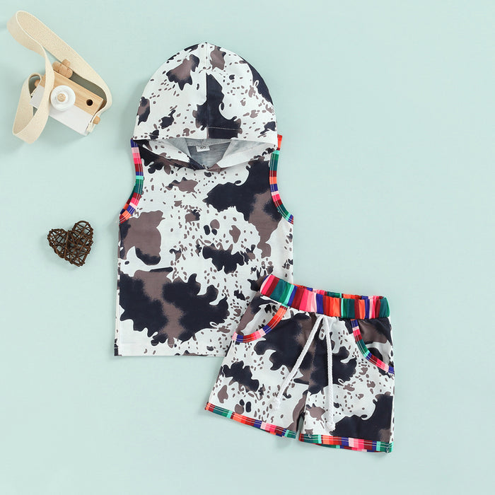 0-3Y Summer Casual Baby Girls Clothes Sets 2pcs Cow Printed Sleeveless Hooded Vest Tops+Shorts Clothing - myfunfarm