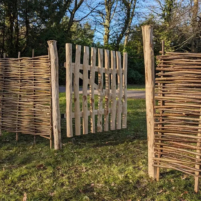 Natural fencing gate crafted from reclaimed wood.
