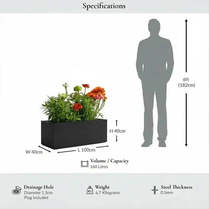 100cm Zinc Galvanised Matte Black Trough Planter