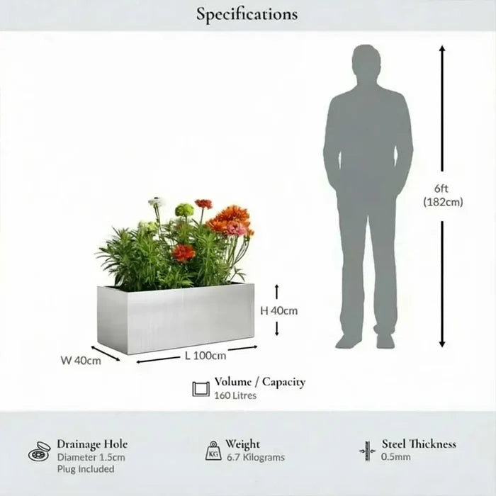 100cm Zinc Metal Galvanised Silver Trough Planter