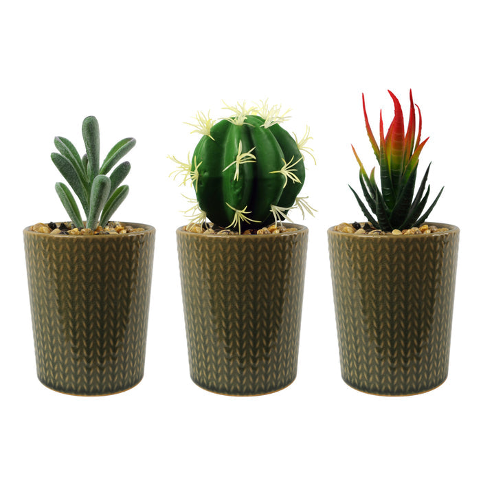 17cm Ceramic Stone Stripe Planter with Artificial Cactus