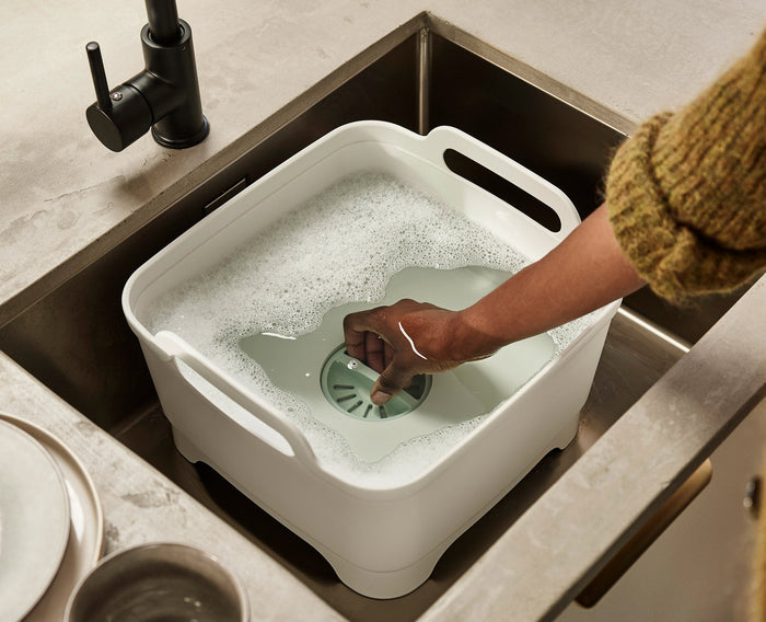 [half-width] 3-piece Stone Green Drainer, Washing-up Bowl & Brush Set