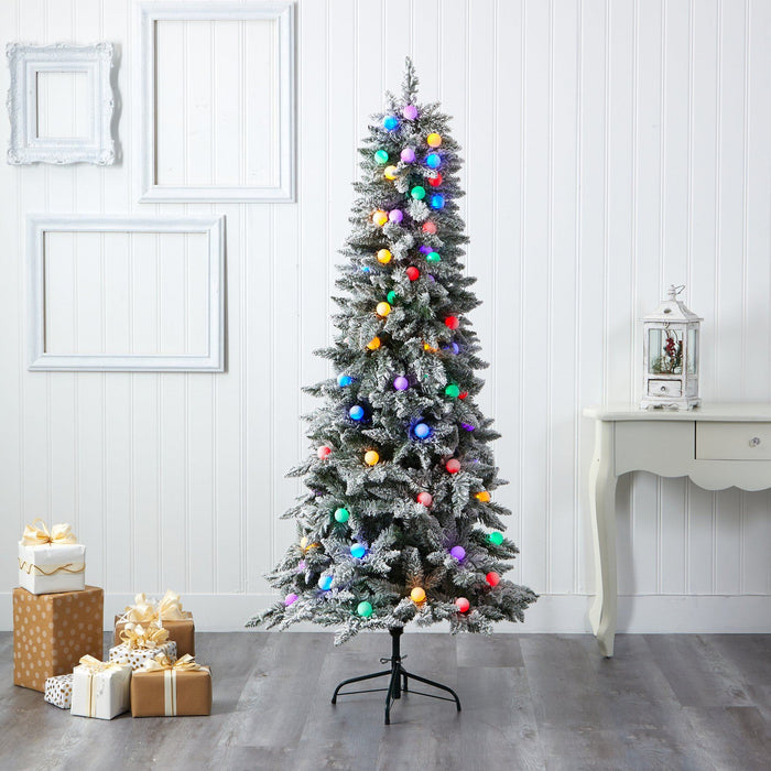 5' Flocked British Columbia Mountain Fir Artificial Christmas Tree with 50 Multi Color Globe Bulbs and 379 Bendable Branches