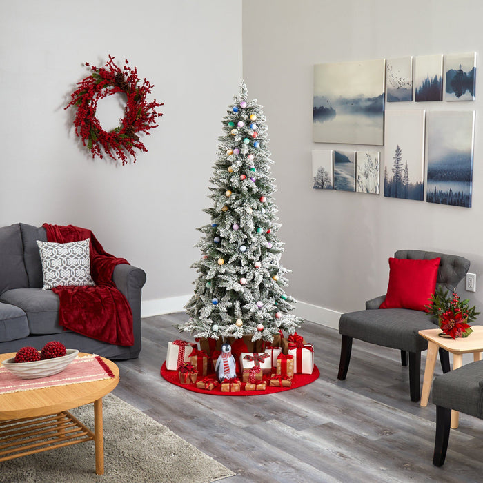 5' Flocked British Columbia Mountain Fir Artificial Christmas Tree with 50 Multi Color Globe Bulbs and 379 Bendable Branches