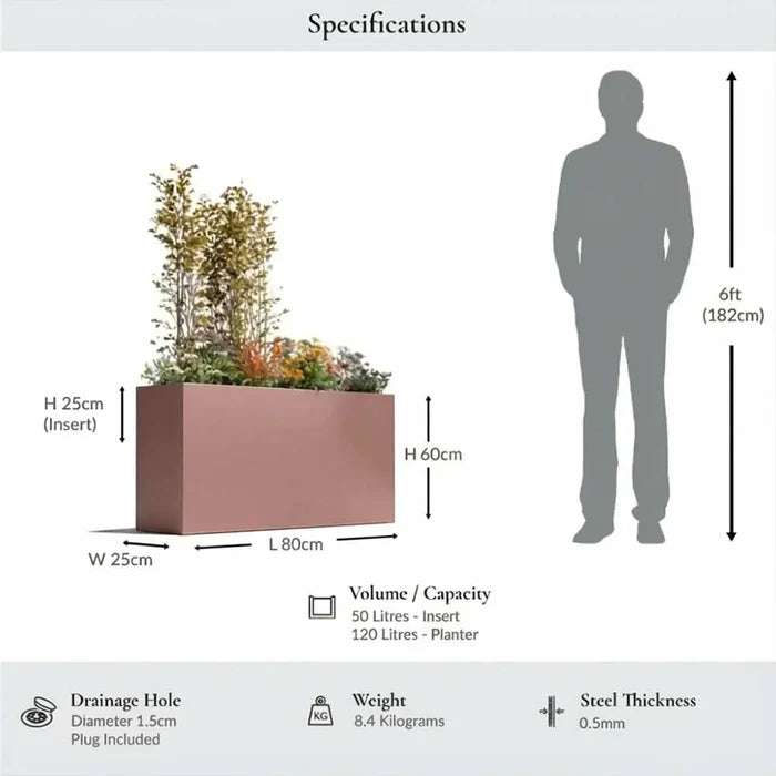 80cm Long Zinc Galvanised Brushed Rose Gold Finish 60cm Tall Trough Planter