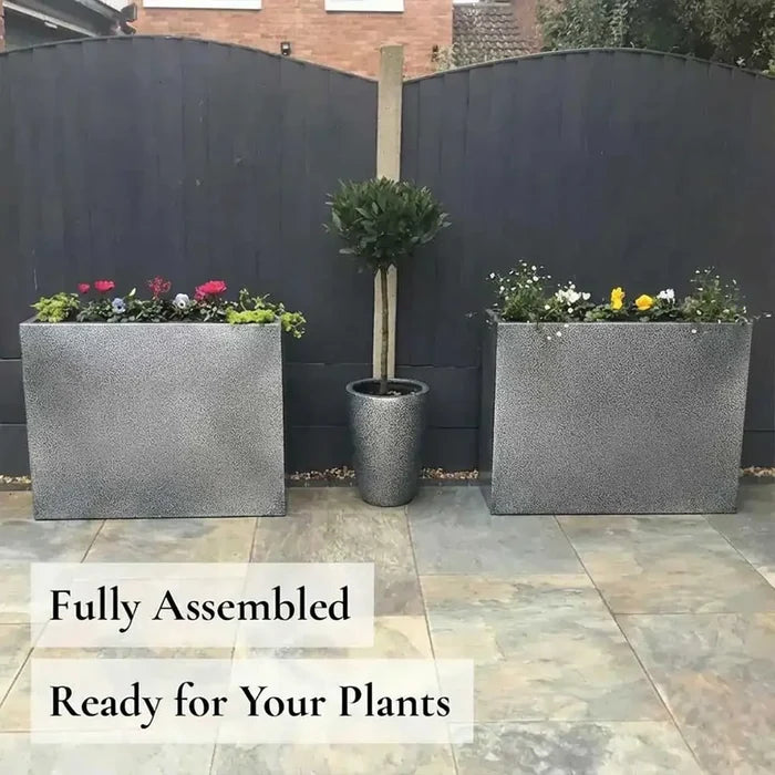 80cm Long Zinc Galvanised Silver & Black Textured 60cm Tall Trough Planter