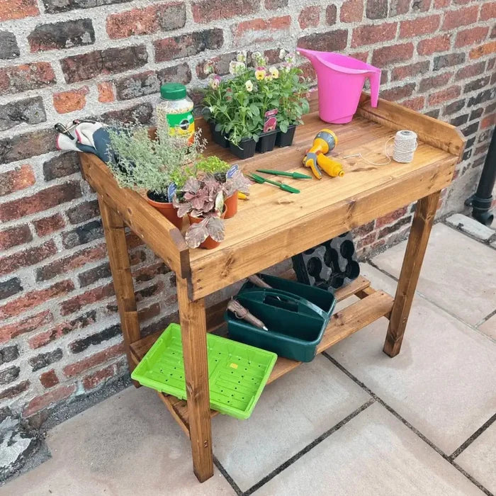 garden staging wooden garden table woven wood