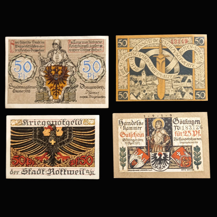 Antique Banknote Notgeld 1918 Germany WWI 4pc Set Knight Sword Eagle Emergency Money