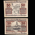 Two vintage banknotes from Weissenkirchen in der Wachau with text and images of buildings.
