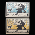 Two vintage-style notgeld emergency banknotes with silhouettes of a man, dog, and running person on a dark background.