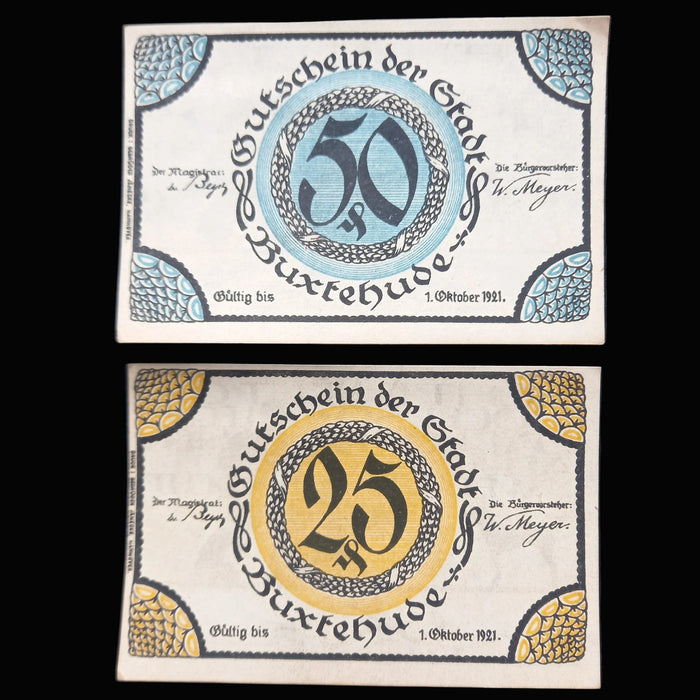 Antique Banknote Notgeld 1921 Germany Buxtehude 25 & 50 Pfennig Set Dog Emergency Notes