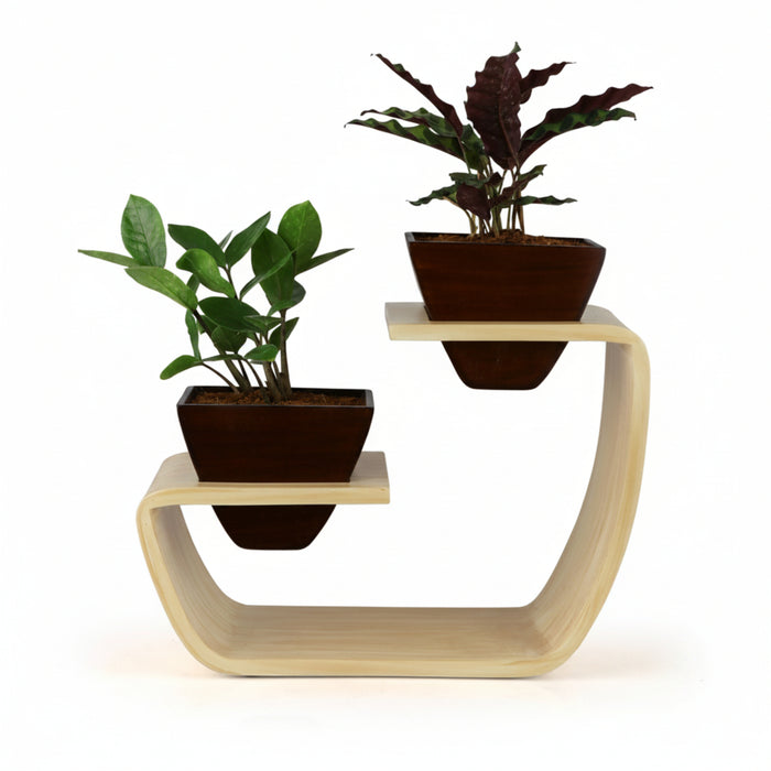 Aries Duo Tabletop Curved Planter Stand With Dark Brown Pots (Set of 2)