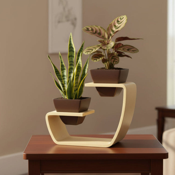 Aries Duo Tabletop Curved Planter Stand With Dark Brown Pots (Set of 2)
