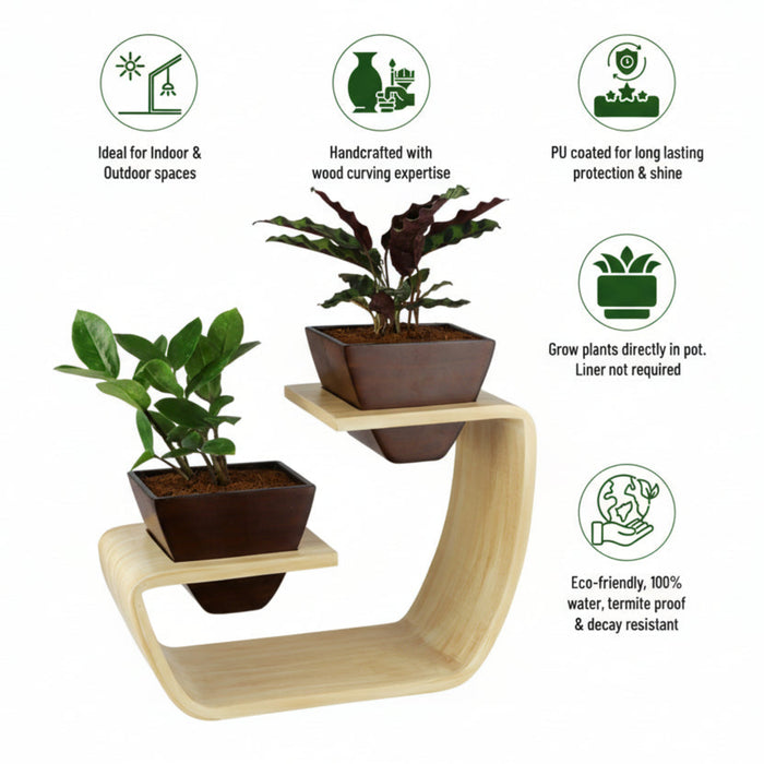 Aries Duo Tabletop Curved Planter Stand With Dark Brown Pots (Set of 2)
