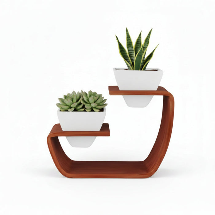 Aries Duo Tabletop Curved Planter Stand With White Pots (Set of 2)