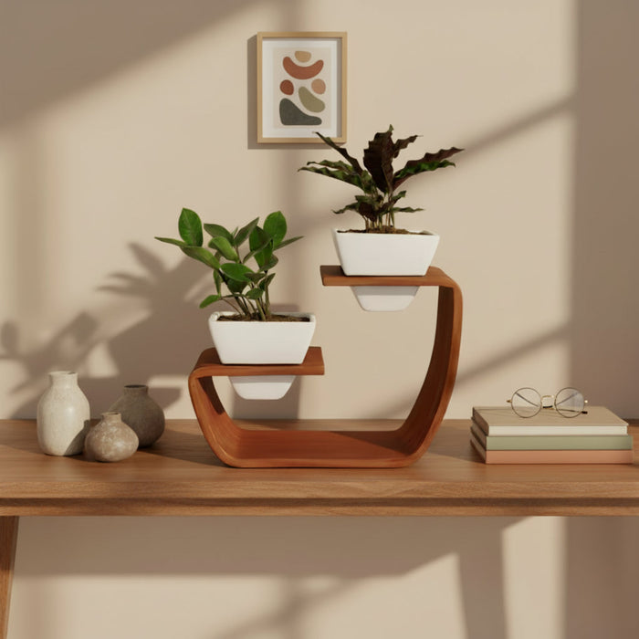 0503 White Mahogany Artistic Curved Planter Stand -WG,Plants
