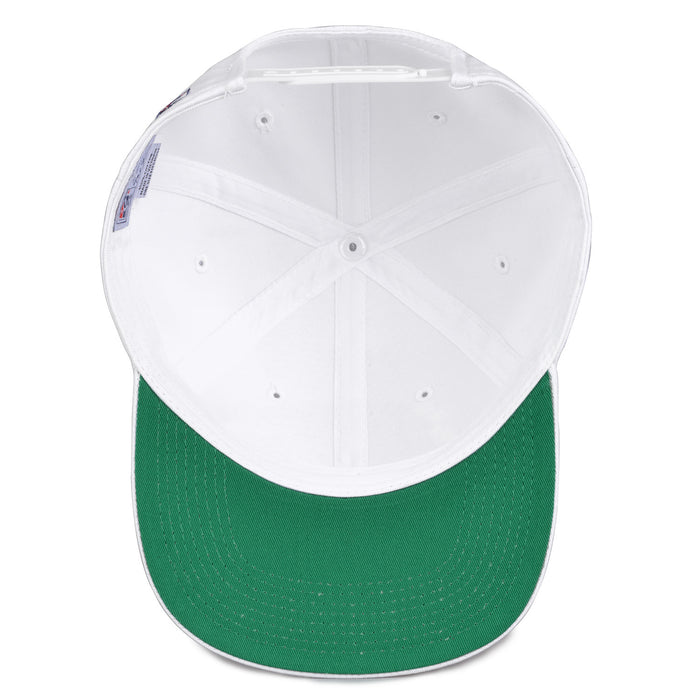 Army Retro Bar snapback hat in white, interior view showing the green undervisor