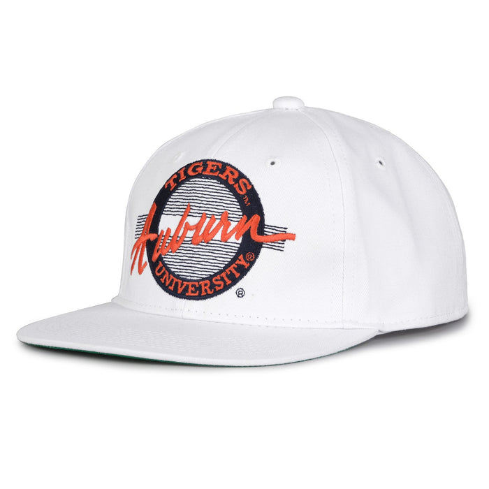 Auburn Retro Circle snapback hat in white, angled view