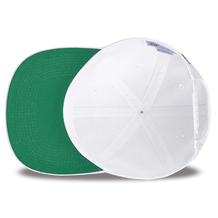 Auburn Retro Circle snapback hat in white, interior view showing the green undervisor