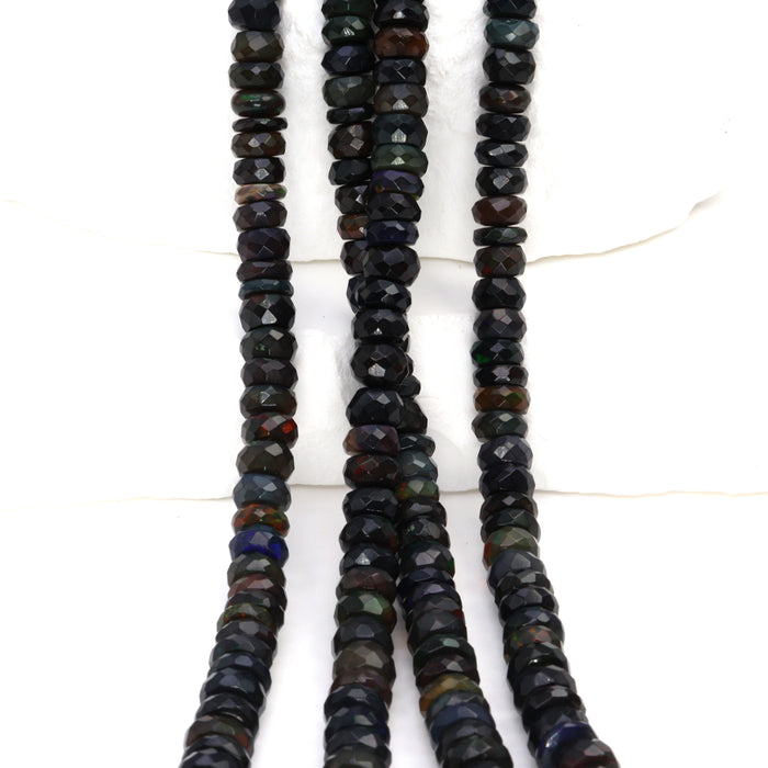 Black Ethiopian Opal 4mm - 5.5mm Hand Faceted Rondelles Bead Strand