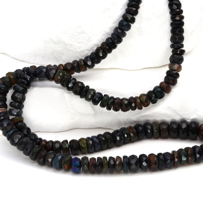 Black Ethiopian Opal 4mm - 5.5mm Hand Faceted Rondelles Bead Strand