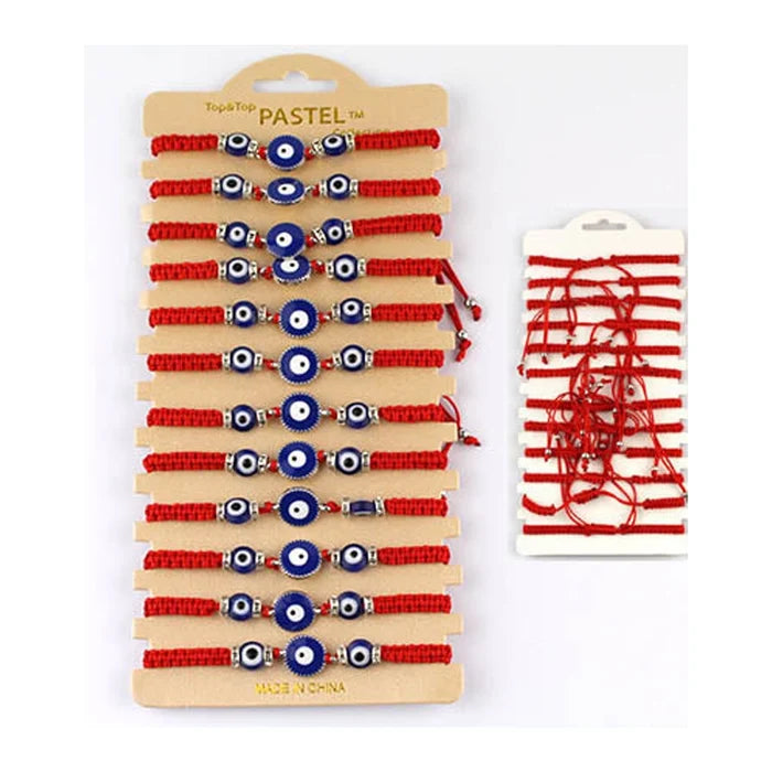 Blue Evil Eye Red String Protection Bracelet Set (12-Pack) - Adjustable
