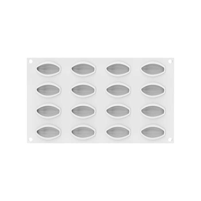 White silicone mold with multiple oval cavity shapes on a white background