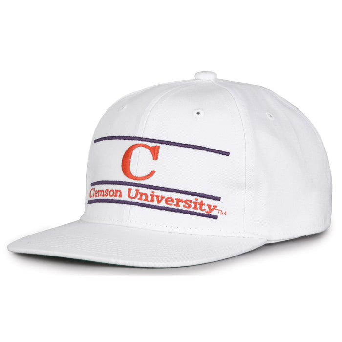 Clemson Retro Bar snapback hat in white, angled view