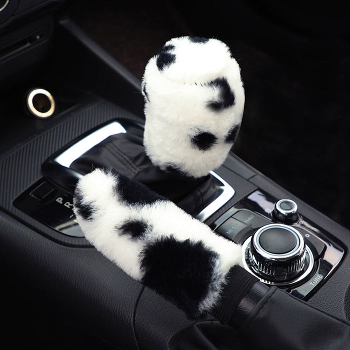 Cow Pattern Soft Plush Car Steering Wheel Cover, Hand Brake Gear Cover Set 37-38Cm - myfunfarm