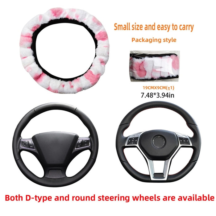 Cow Pattern Soft Plush Car Steering Wheel Cover, Hand Brake Gear Cover Set 37-38Cm - myfunfarm