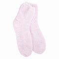 A pair of pink cozy quarter socks with grippers on the bottom displayed against a white background.