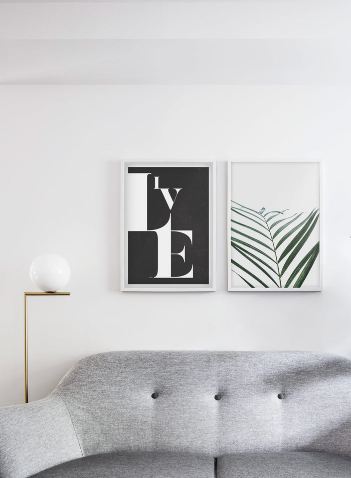 Minimalist botanical art poster by Opposite Wall with palm leaf Curves - Living room with a couch
