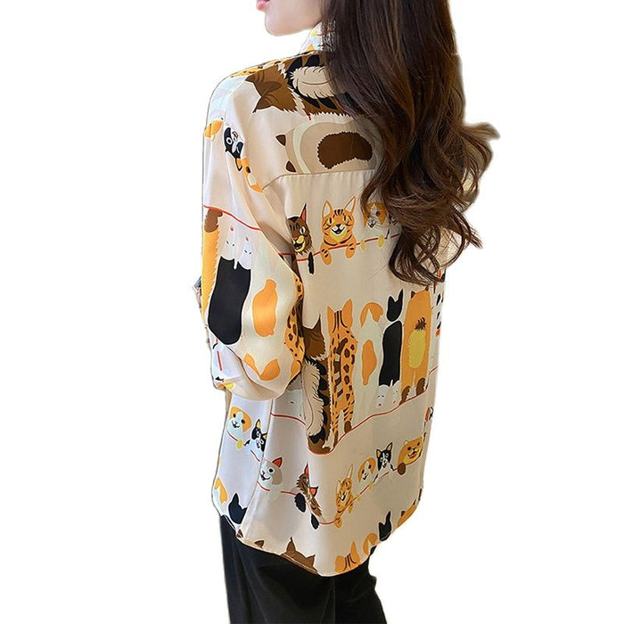 Cute cat pattern printing Long sleeve blouses  for women - myfunfarm