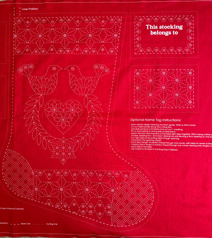DVC1001 Sashiko Christmas Stocking Panel Red