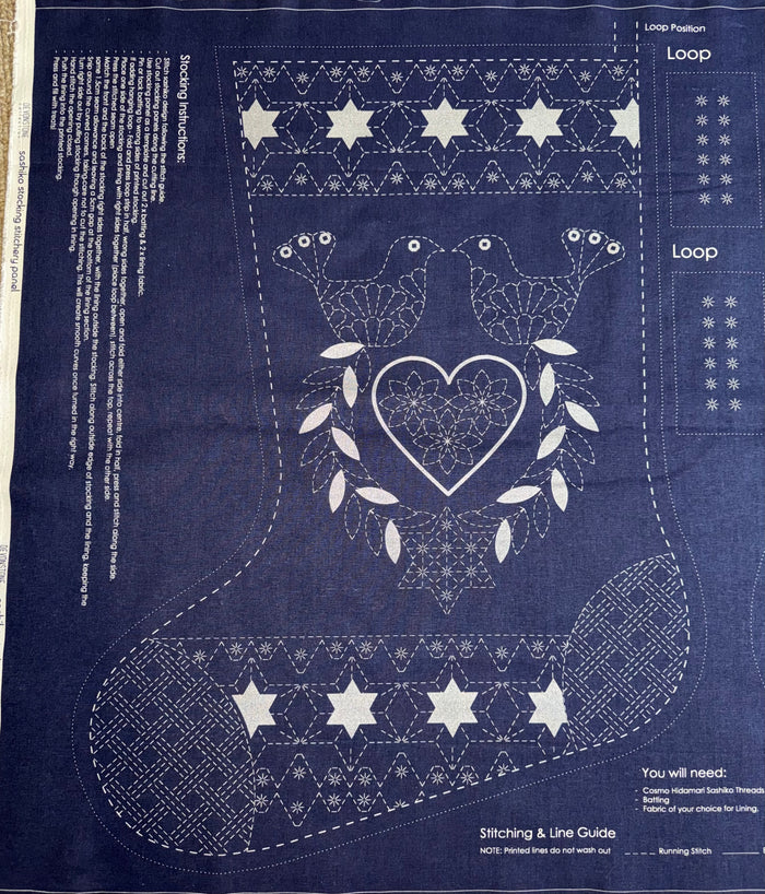 DVC1002 Sashiko Christmas Stocking Panel Navy with Silver Accents
