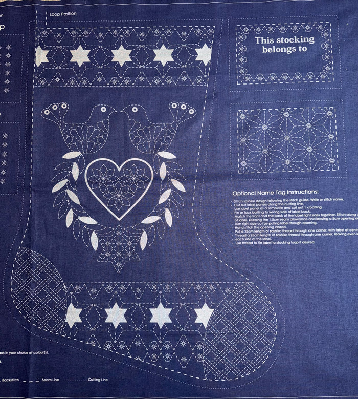 DVC1002 Sashiko Christmas Stocking Panel Navy with Silver Accents