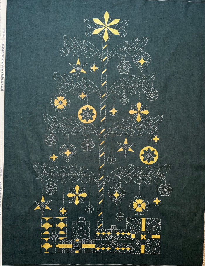 DVC1006 Sashiko Christmas Tree Panel Navy with Silver Accents