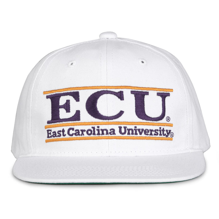 East Carolina Retro Bar snapback hat in white, front view