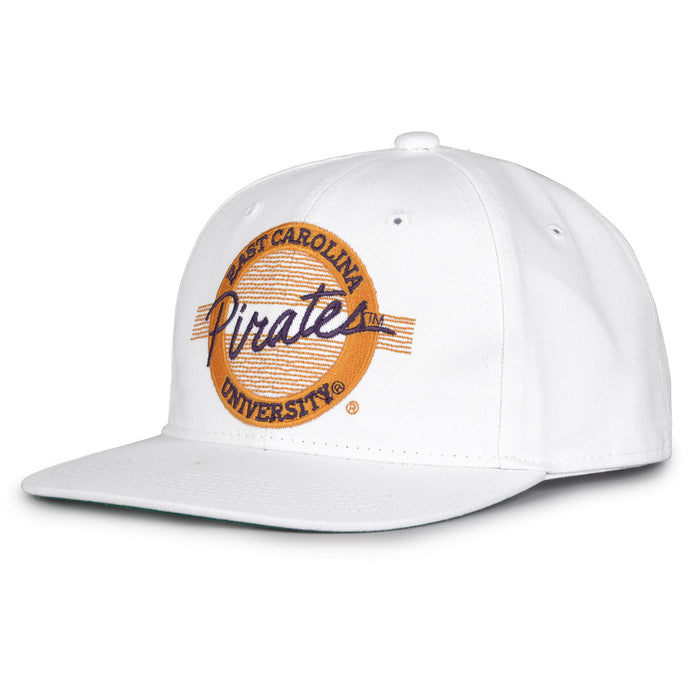 East Carolina Retro Circle snapback hat in white, angled view
