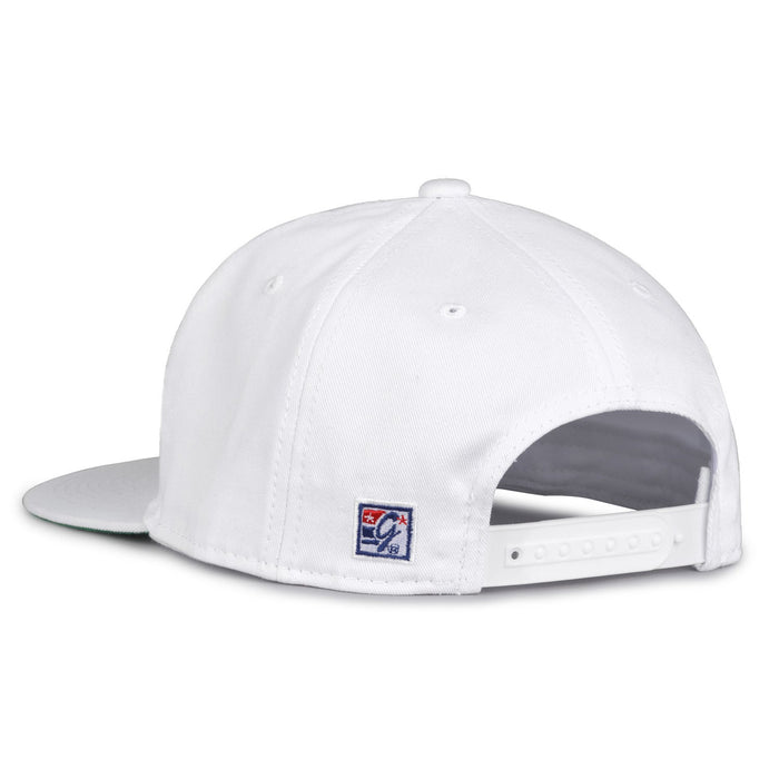 East Carolina Retro Circle snapback hat in white, rear view showing the adjustable snap closure