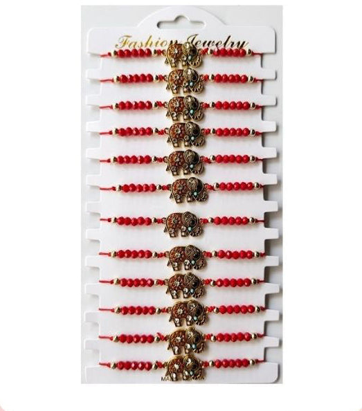 Elephant Good Luck Red String Bracelet Set (12-Pack) - Adjustable