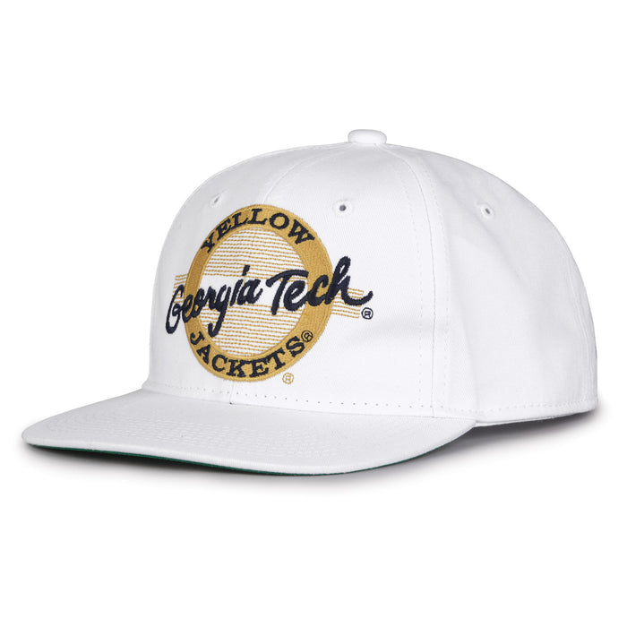 Georgia Tech Retro Circle snapback hat in white, angled view