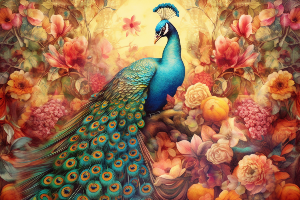 Graceful Peacock Among Golden Flowers