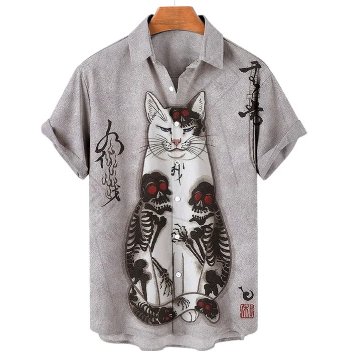 Hawaiian Shirts Japanese Art style Cat print - myfunfarm