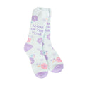 frost blue colored background with purple heel and toe, purple and pink flowers and the words Mom of the year, in purple.