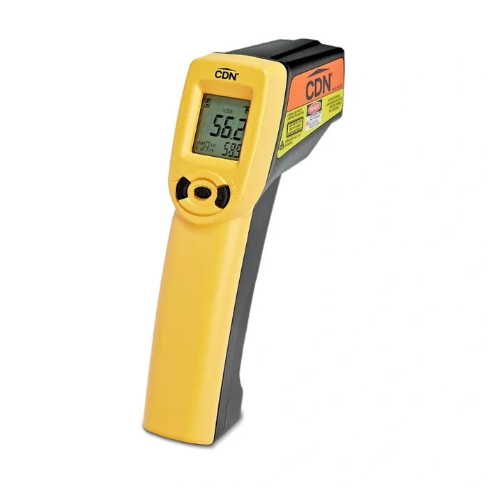 Yellow CDN infrared thermometer on a white background