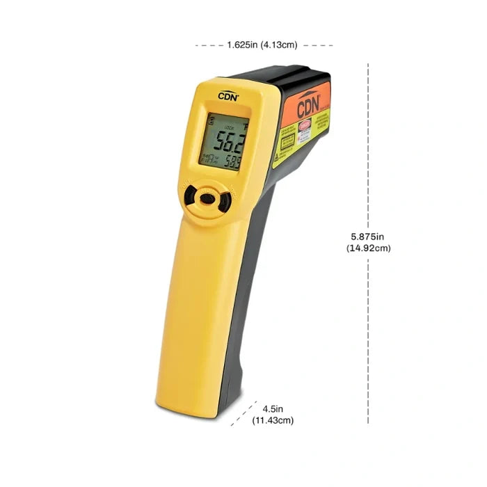 Yellow digital thermometer with measurements on a white background