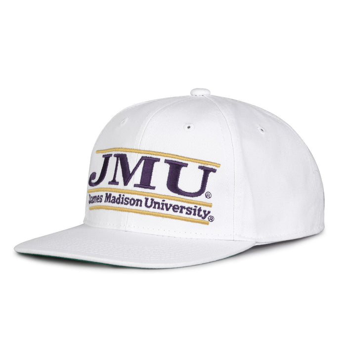 James Madison Retro Bar snapback hat in white, angled view
