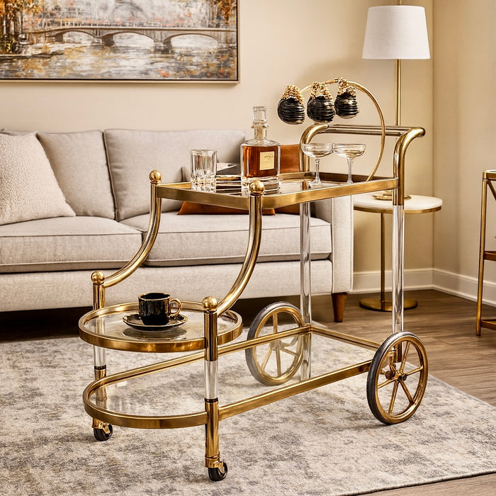 Luxury Gold Serving Cart with TEMPERED Glass Shelves | Large Stainless-Steel Bar & Tea Trolley