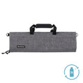 Gray fabric knife roll with black handle on a white background, featuring a Messemeister brand logo and recycling icon.
